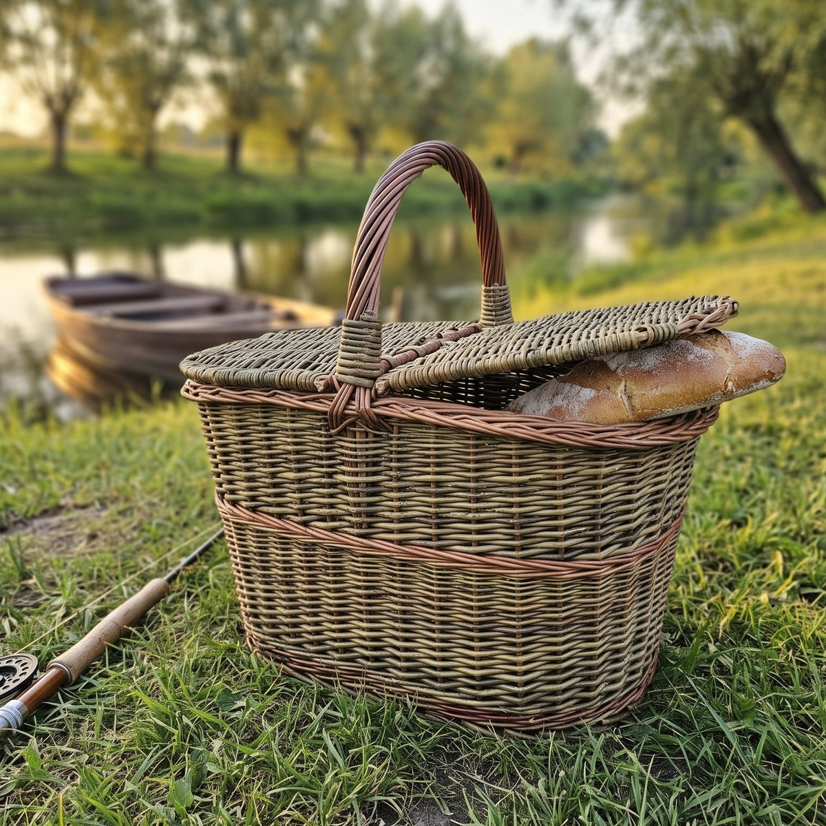 Wicker hamper with a double lid and a loaf of bread inside, standing on a riverbank at sunset beside a fishing rod and a boat.