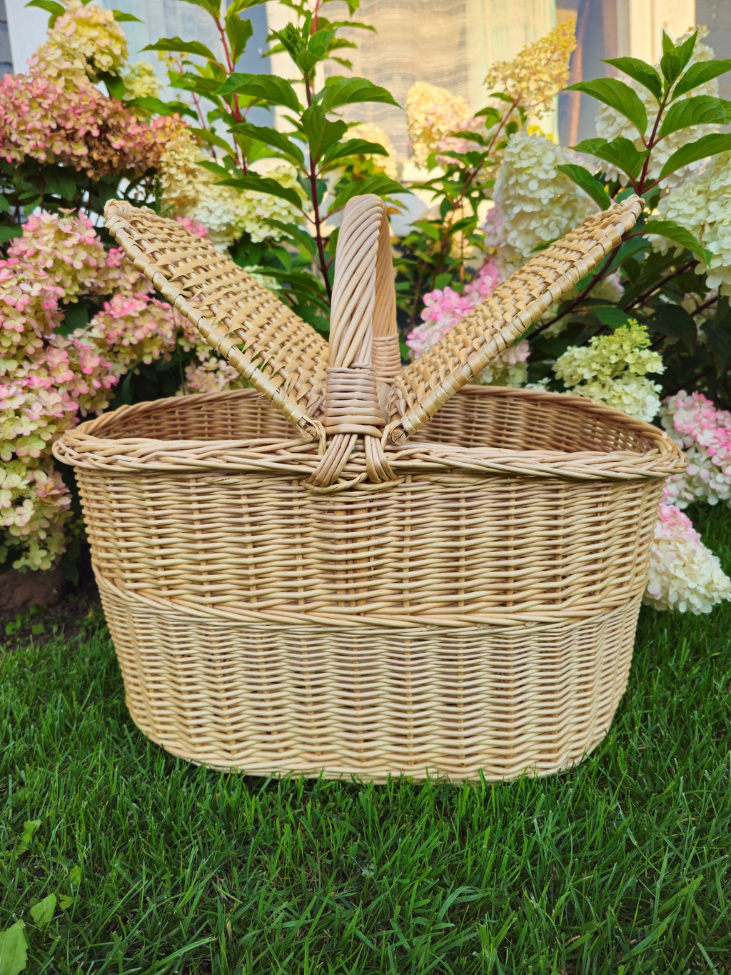 Oval handwoven willow hamper with both lids opened to each side, standing on the lawn in front of hydrangea bushes.