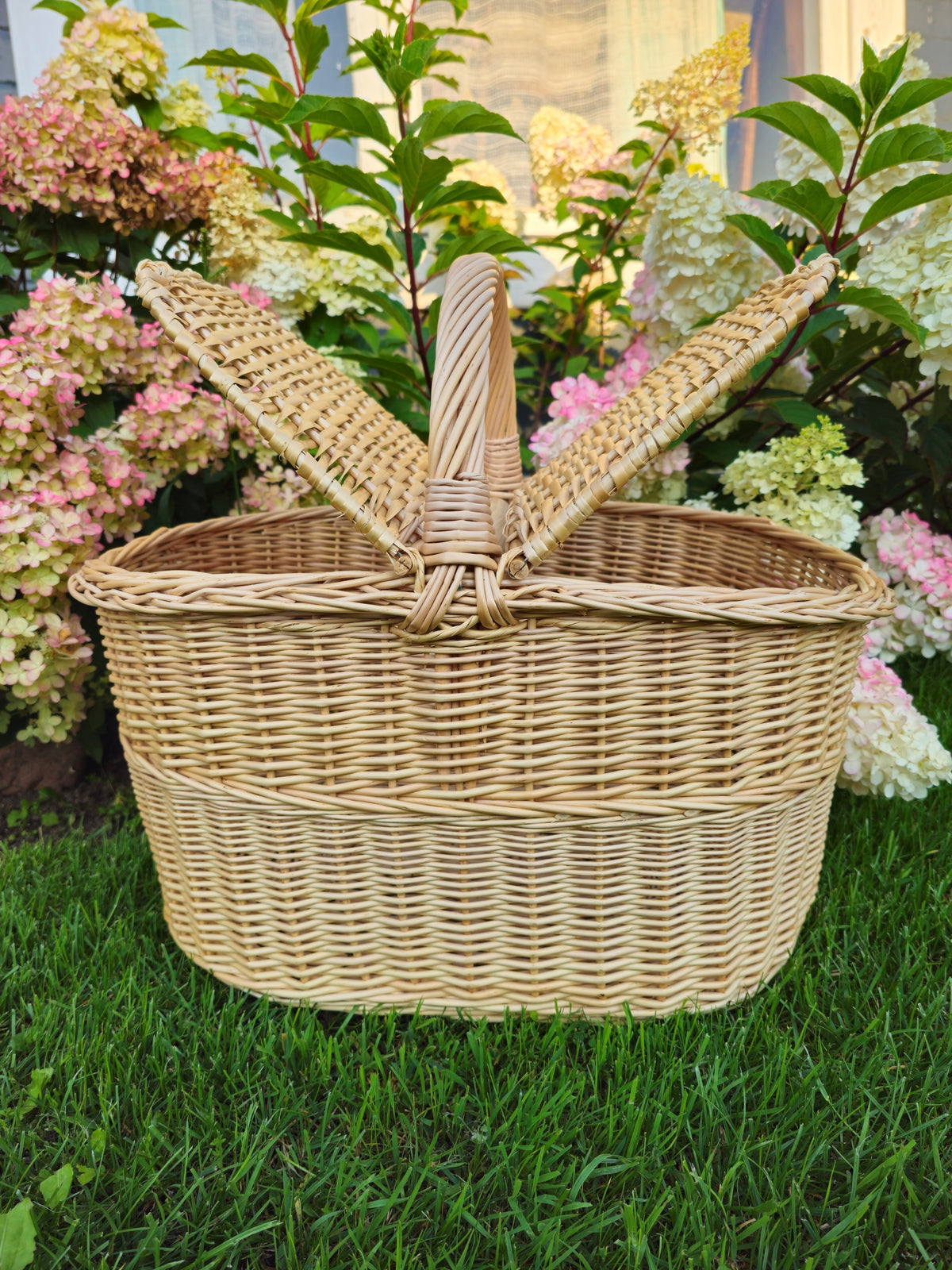 Oval handwoven willow hamper with both lids opened to each side, standing on the lawn in front of hydrangea bushes.