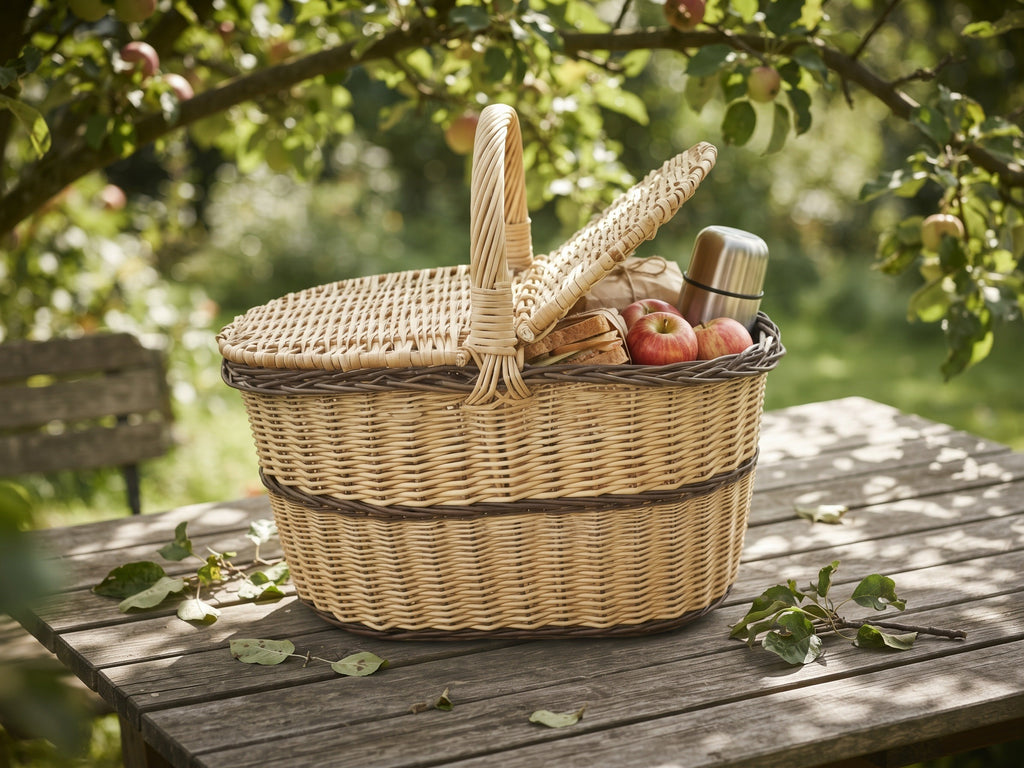 Picnic hamper with lid, an oval handwoven willow basket with one lid open showing apples, bread and a flask, on a garden table under an apple tree.