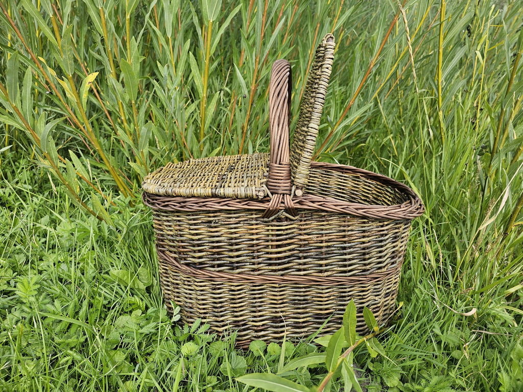 Unpeeled willow picnic basket with a central handle and one hinged lid partly open, standing in tall grass with the woven rods visible.
