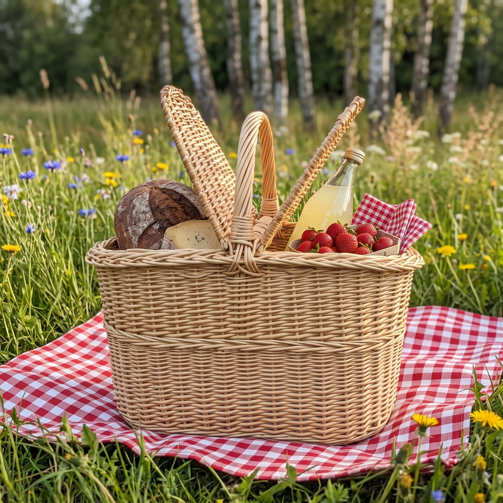 Large wicker picnic hamper with twin lids open, packed with bread, cheese, strawberries and lemonade on a red gingham blanket in a birch meadow