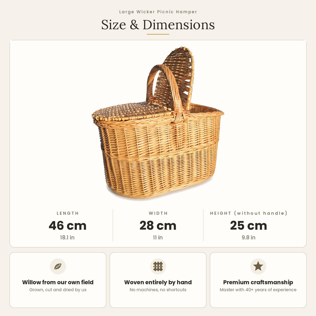 Size chart for the handwoven willow picnic hamper with lid showing 46 cm length, 28 cm width and 25 cm height without handle