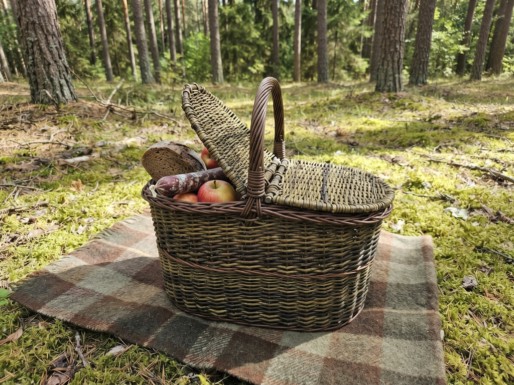 Unpeeled willow wicker hamper with one lid open, packed with bread and apples on a checked wool blanket in a pine forest.