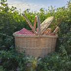 Wicker picnic basket with lid, both lids raised around the centre handle, holding a gingham cloth, bread and a bottle among tall summer greenery