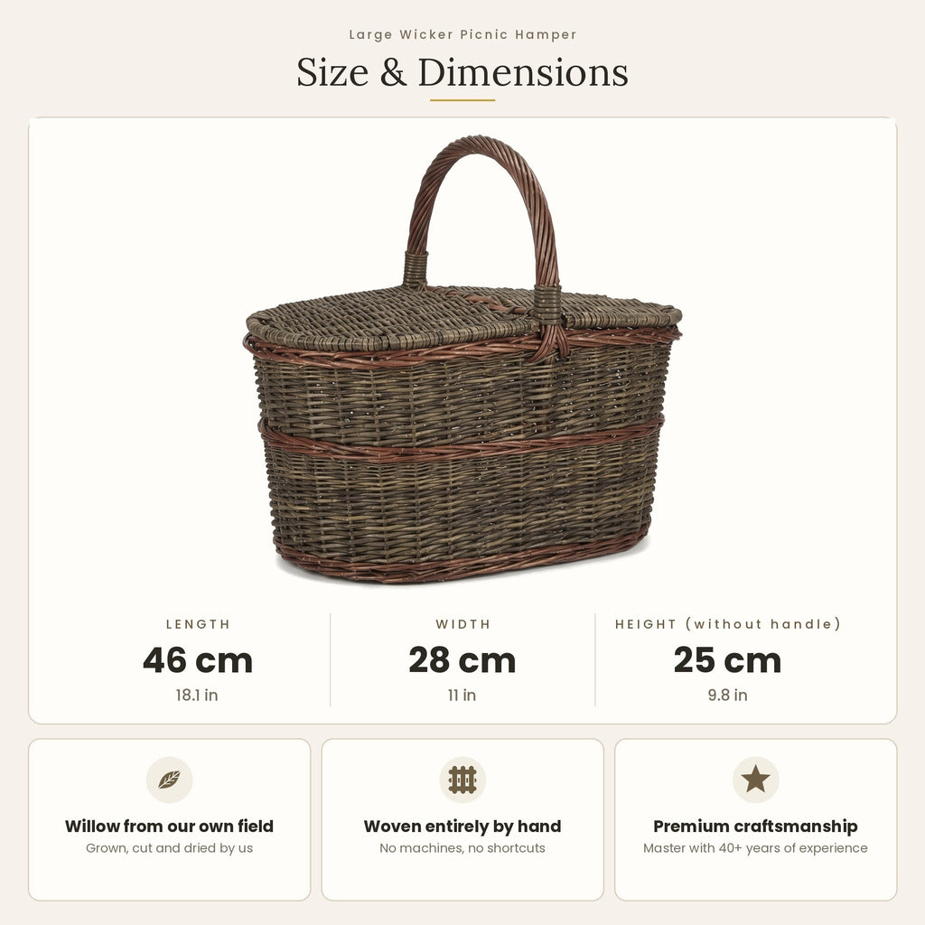 Size chart for the large handwoven willow picnic hamper showing 46 cm length, 28 cm width and 25 cm height without handle.