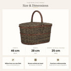 Size chart for the large handwoven willow picnic hamper showing 46 cm length, 28 cm width and 25 cm height without handle.
