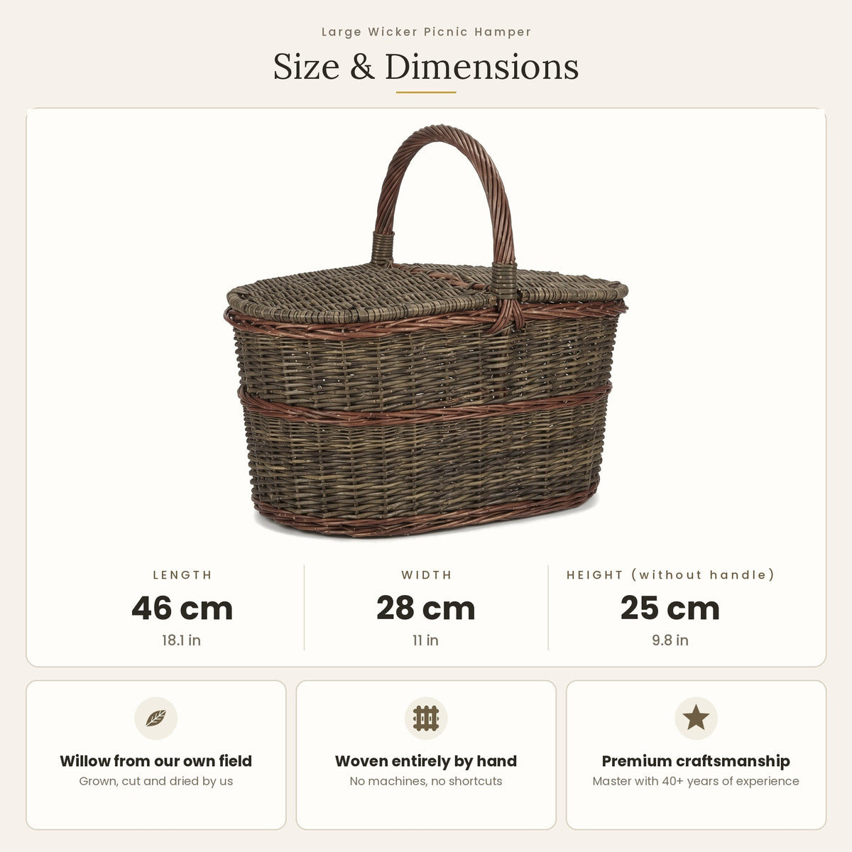 Size chart for the large handwoven willow picnic hamper showing 46 cm length, 28 cm width and 25 cm height without handle.