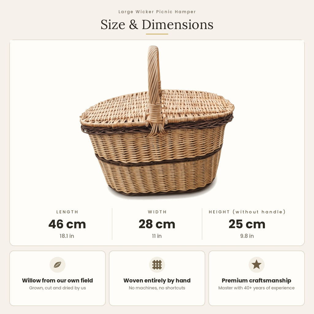 Size chart for the oval wicker picnic hamper with lid showing 46 cm length, 28 cm width and 25 cm height without handle.