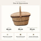 Size chart for the oval wicker picnic hamper with lid showing 46 cm length, 28 cm width and 25 cm height without handle.