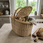Willow picnic hamper on a farmhouse kitchen table with one lid open over sandwiches, apples and a flask, next to a loaf on a cutting board