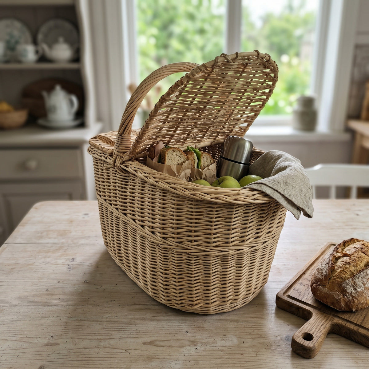 Willow picnic hamper on a farmhouse kitchen table with one lid open over sandwiches, apples and a flask, next to a loaf on a cutting board