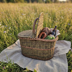 Double-lid picnic basket with one lid raised, filled with bread, sausage, cucumbers and a bottle on a linen cloth in a summer meadow.