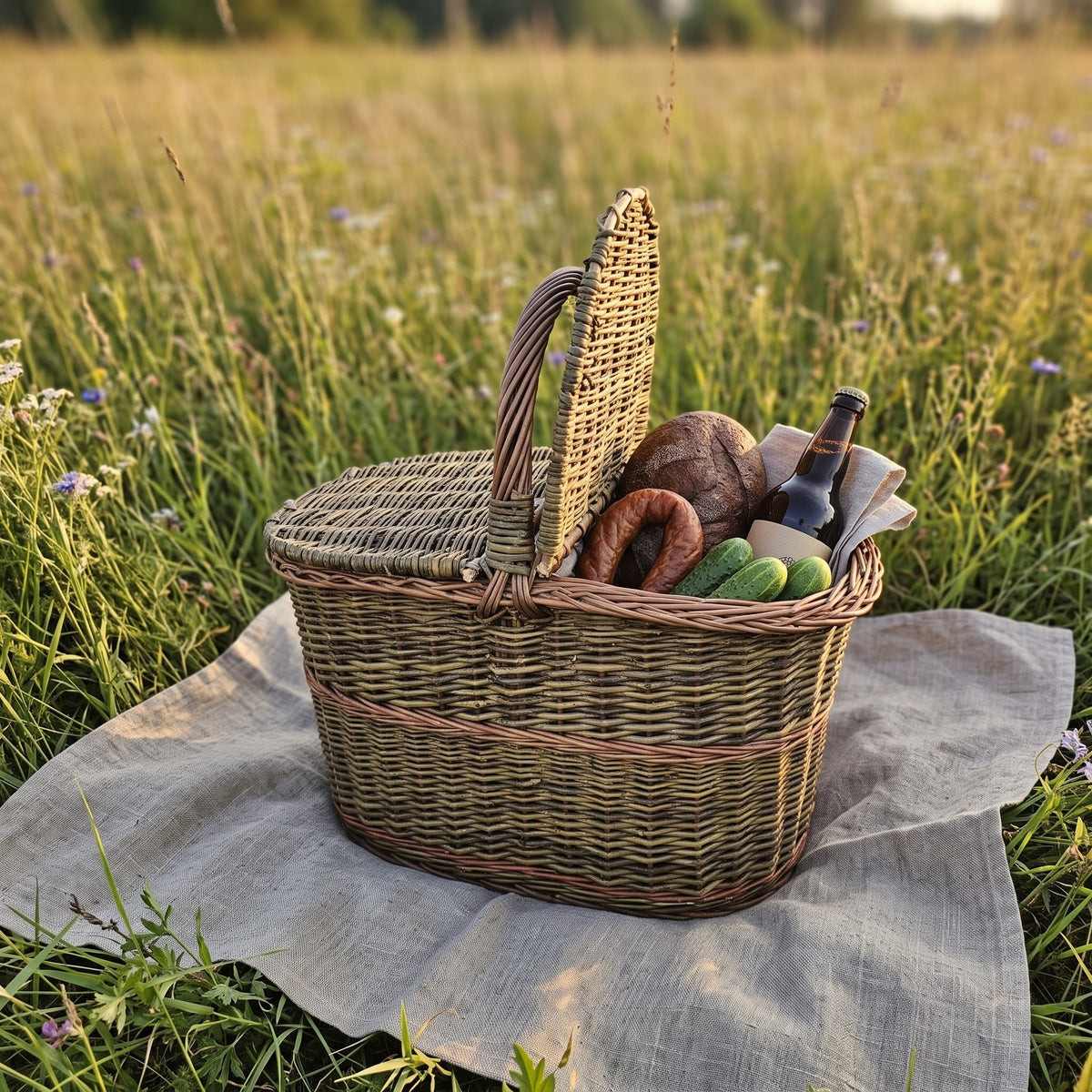 Double-lid picnic basket with one lid raised, filled with bread, sausage, cucumbers and a bottle on a linen cloth in a summer meadow.