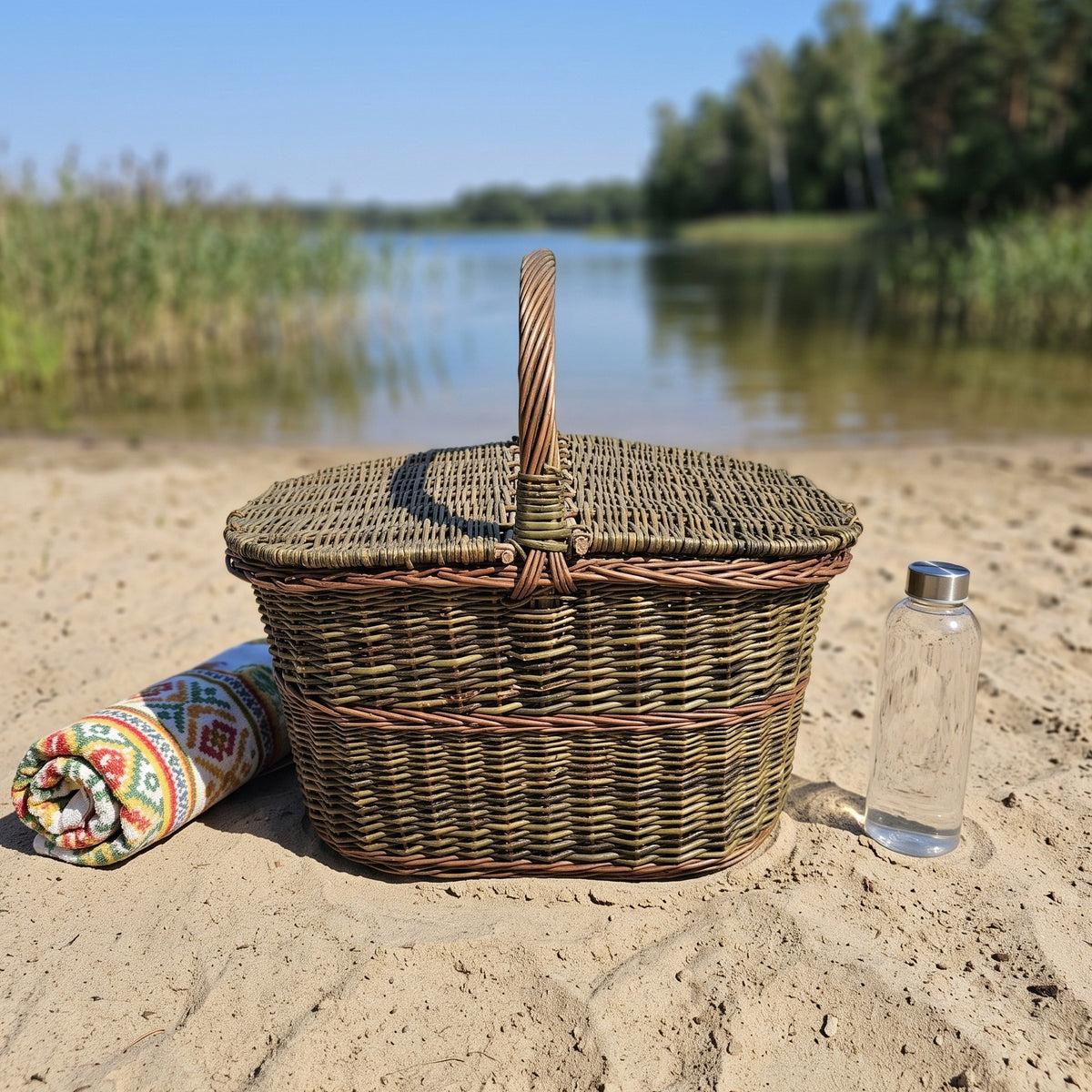 Large willow picnic hamper with a central handle on a sandy lake beach beside a rolled blanket and a glass water bottle.