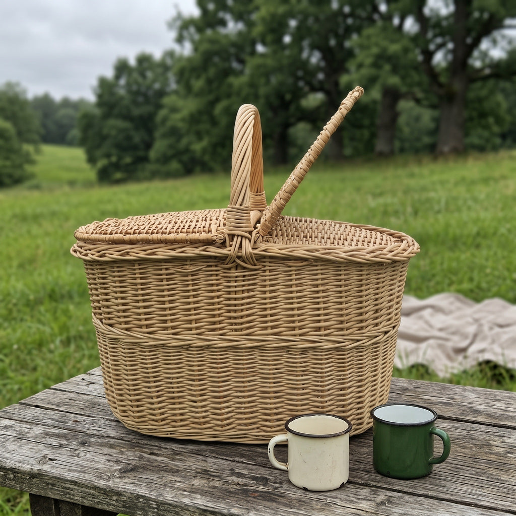 Handwoven wicker picnic basket with one lid lifted on a rustic wooden table outdoors, with two enamel mugs and a blanket on a green meadow