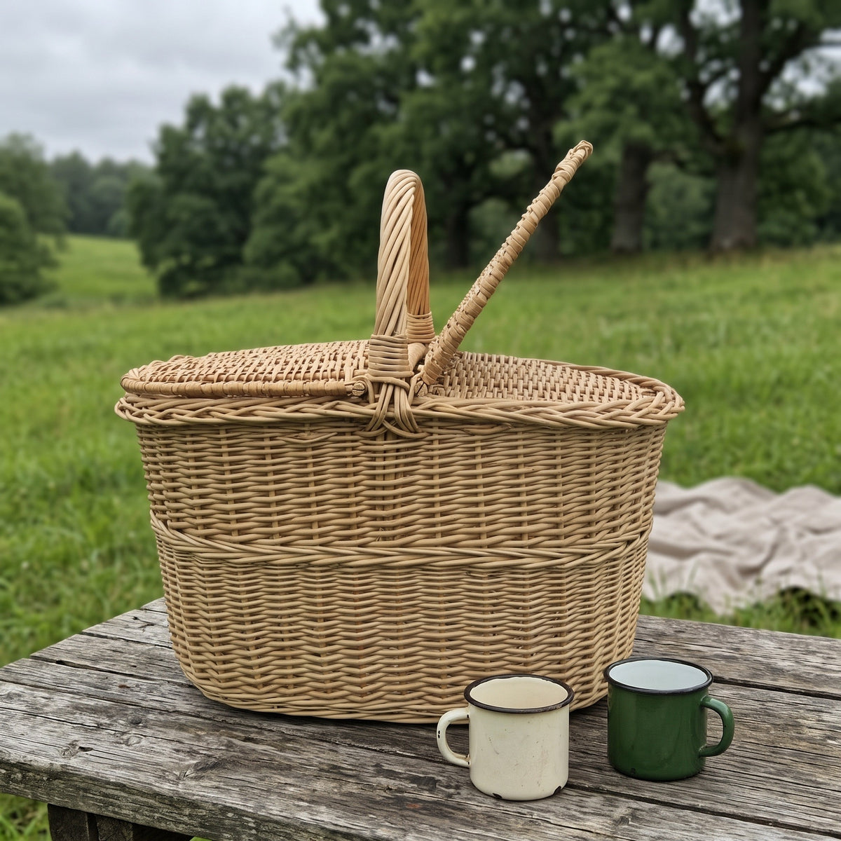Handwoven wicker picnic basket with one lid lifted on a rustic wooden table outdoors, with two enamel mugs and a blanket on a green meadow