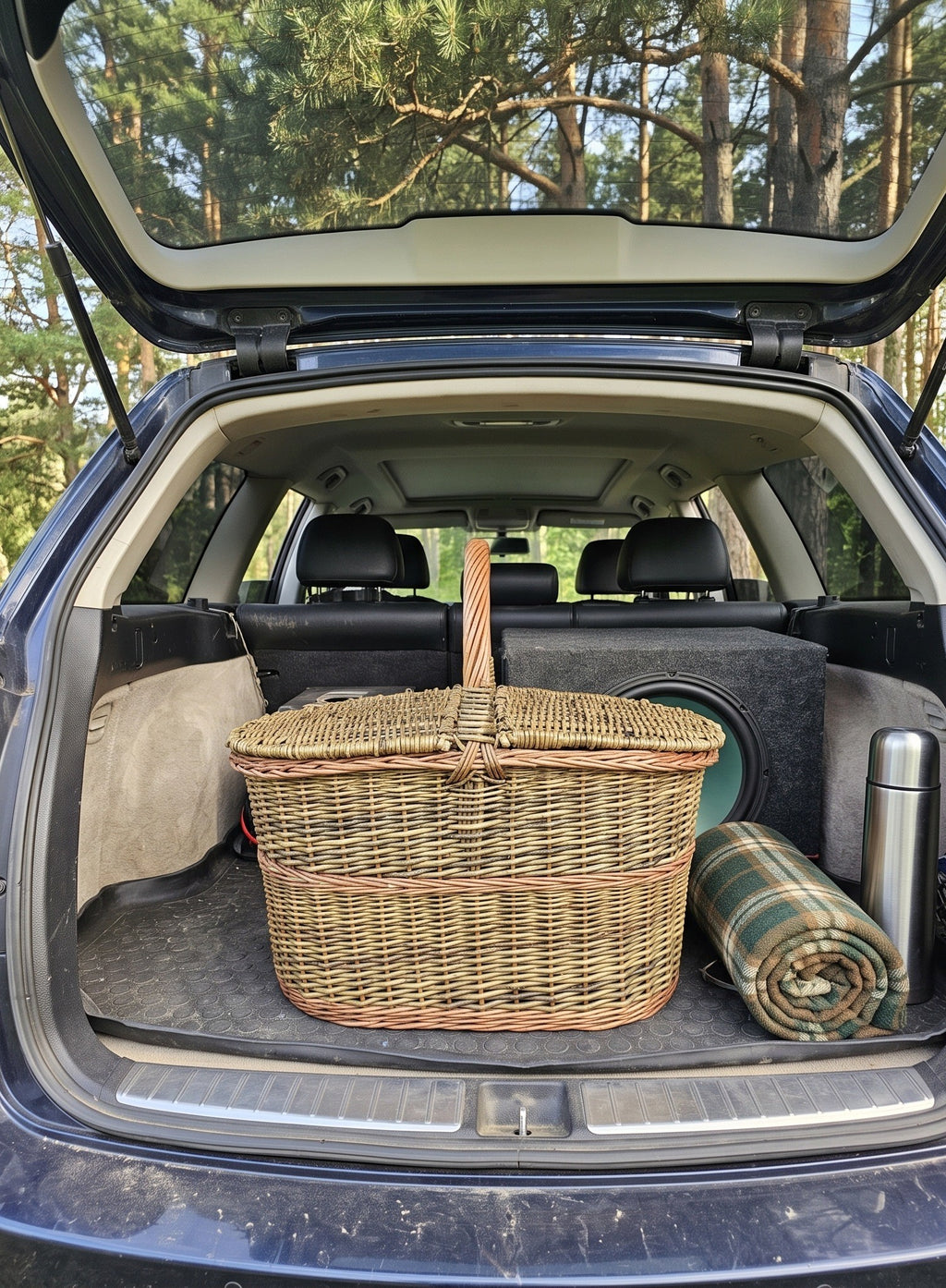 Unpeeled willow picnic basket packed in the open boot of an SUV next to a thermos and a folded tartan blanket for a car trip.