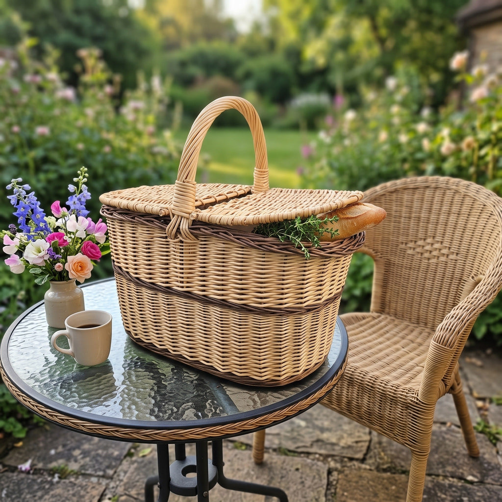 Oval wicker picnic basket for two with lid on a glass garden table beside a rattan chair, flowers and a coffee cup.