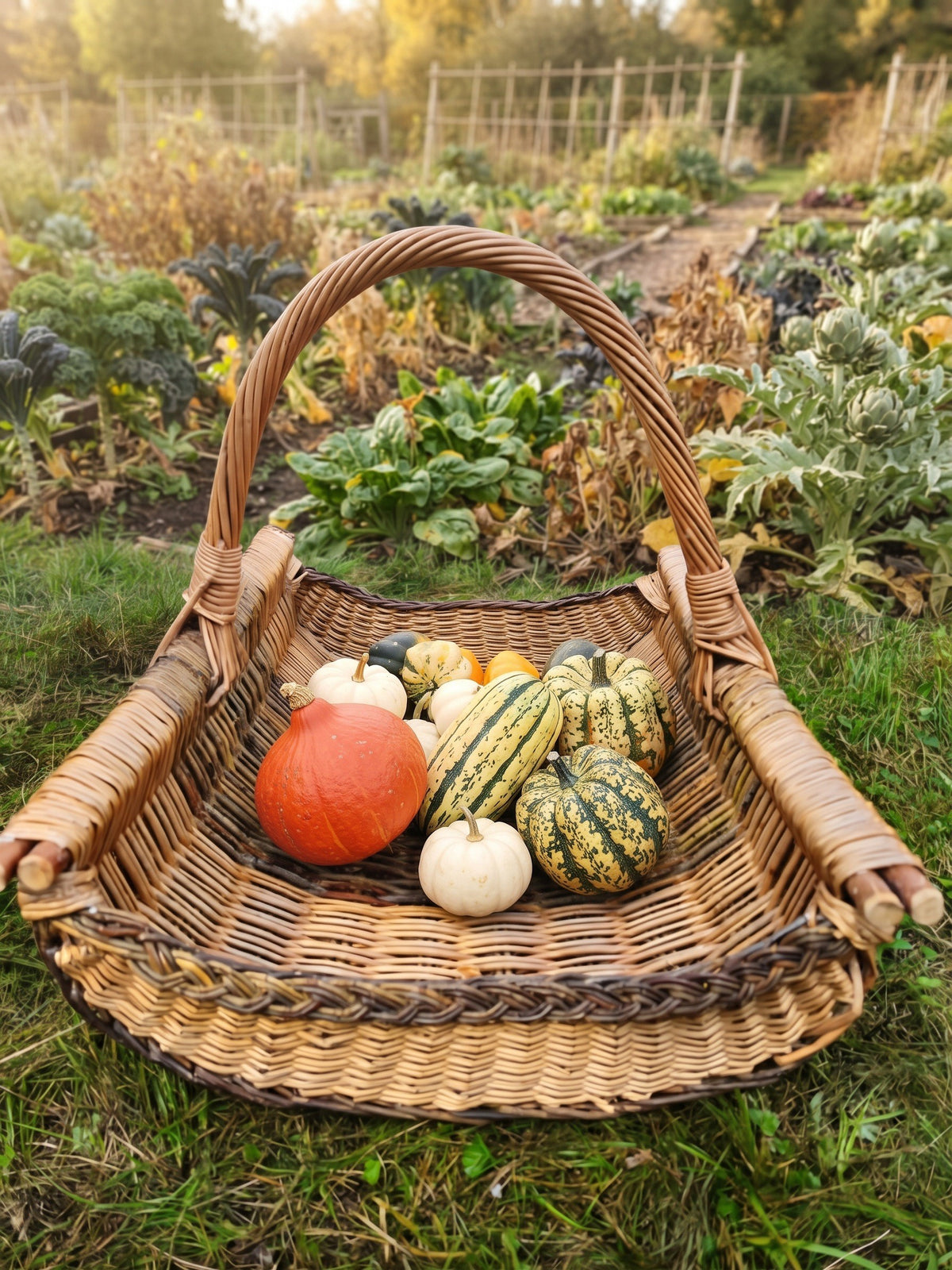 Handwoven willow garden trug with a tall handle filled with pumpkins and squash on the grass beside an autumn vegetable garden