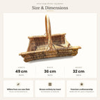 Size chart for the large wicker log carrier showing 49 cm length, 36 cm width and 32 cm height