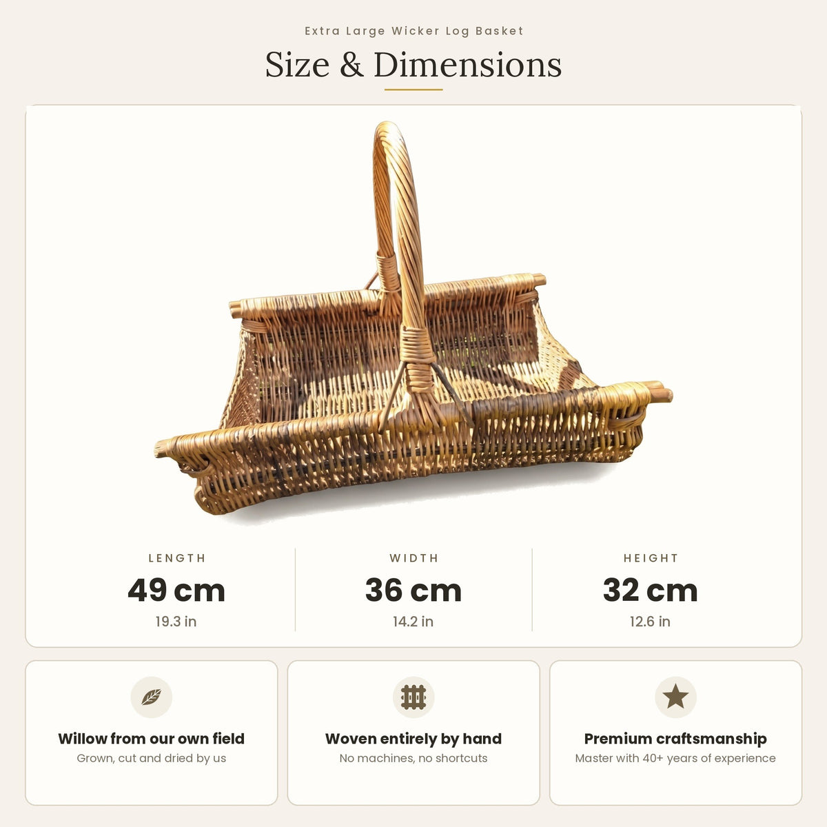 Size chart for the large wicker log carrier showing 49 cm length, 36 cm width and 32 cm height