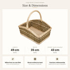 Size chart for the handwoven willow fireplace log basket showing 49 cm length, 35 cm width and 43 cm height with handle
