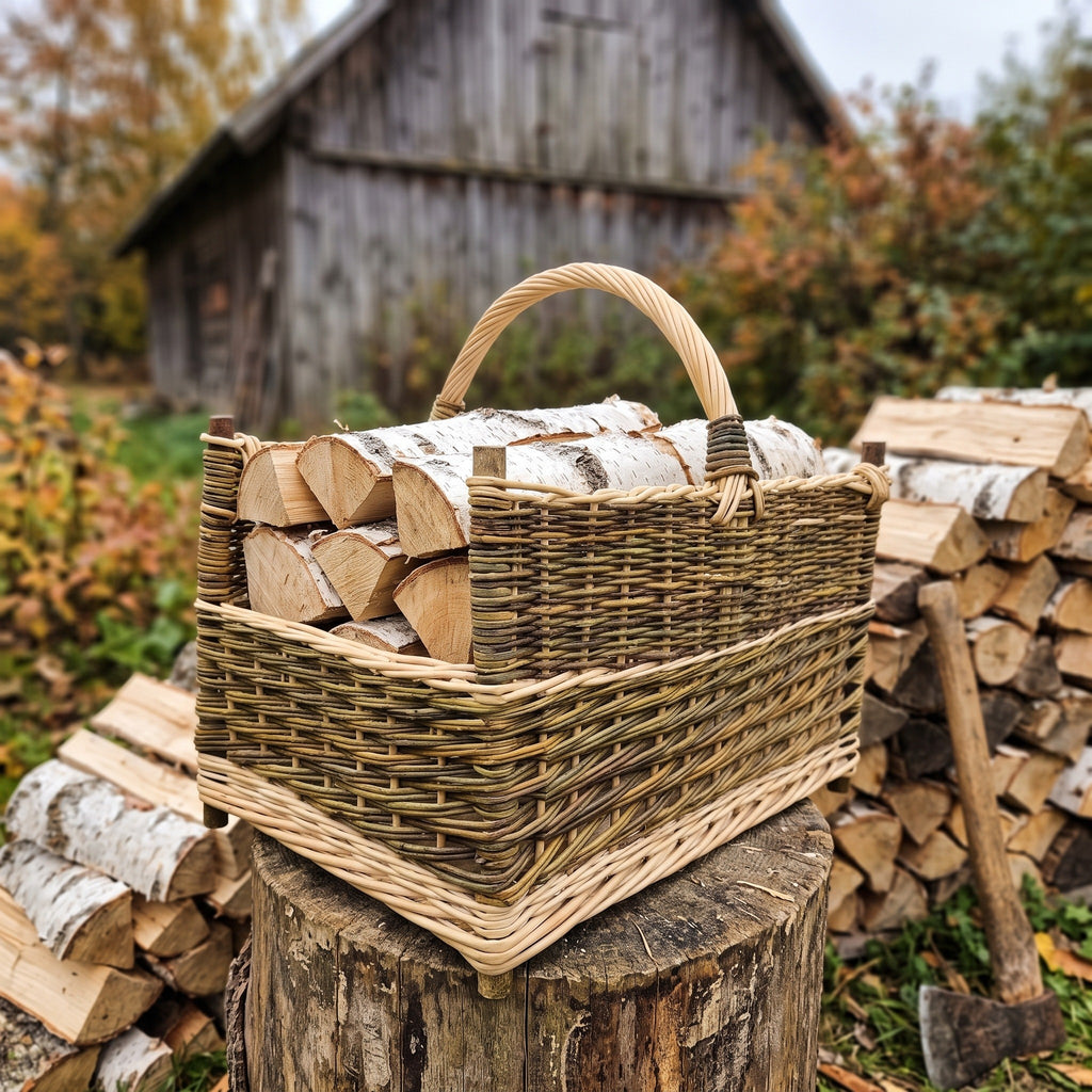 Rectangular willow log basket with corner posts and a handle, packed with birch firewood on a tree stump beside a woodpile and an old barn