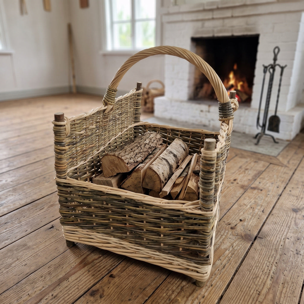 Willow firewood holder with corner posts and a woven handle, filled with split logs on a plank floor in front of a white brick fireplace