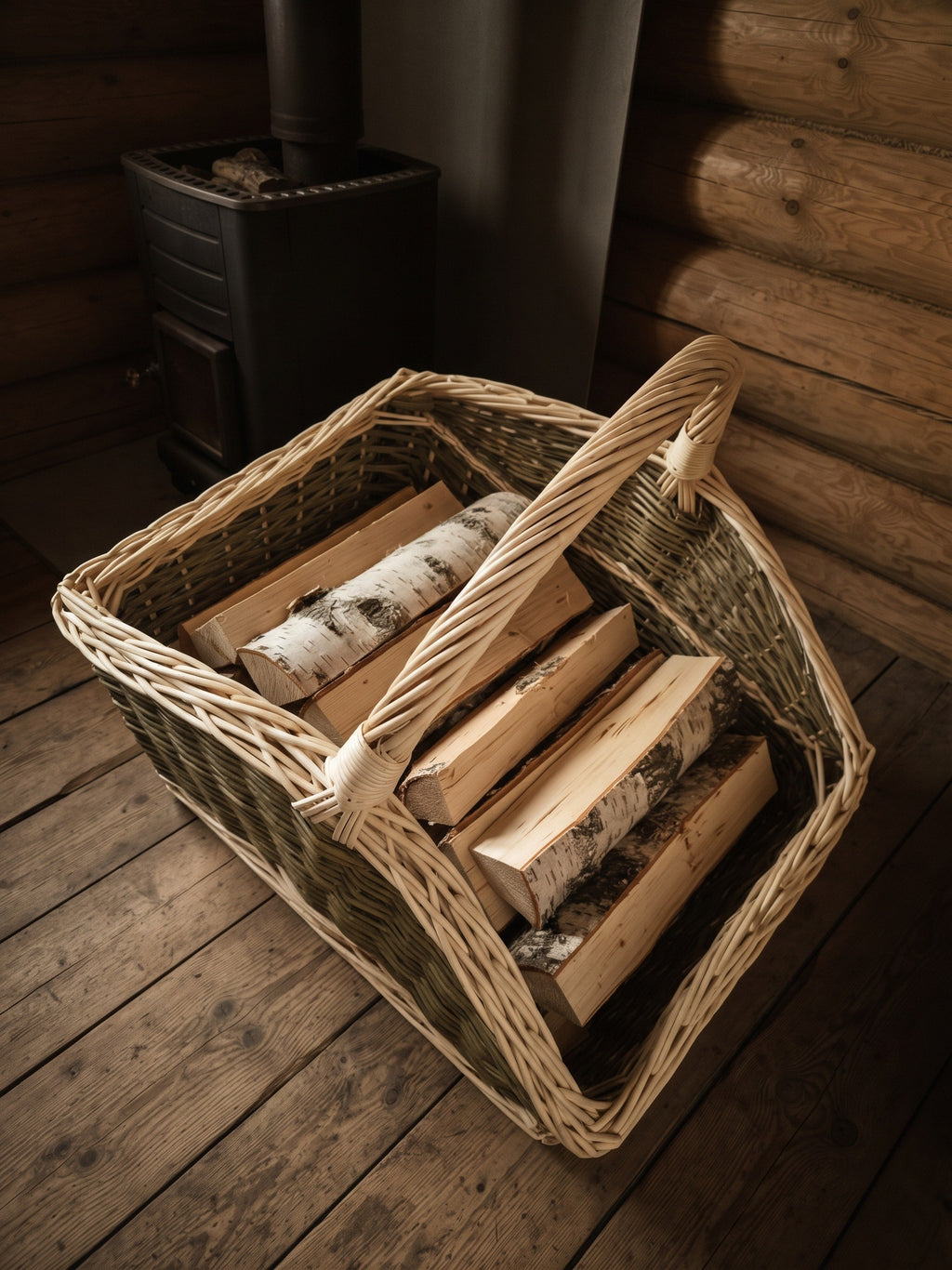 Wicker kindling basket with curved ends and a woven handle, holding birch logs on a dark wooden floor in a log cabin by the stove