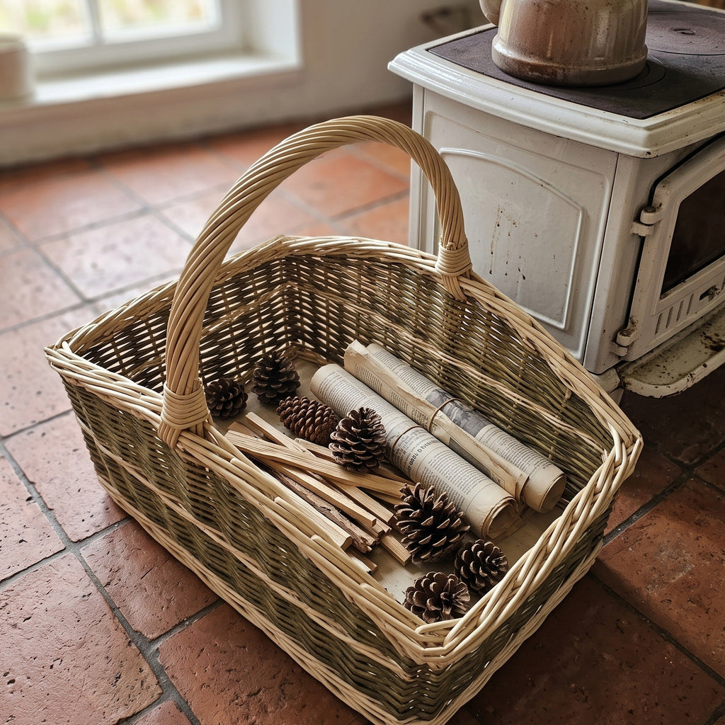 Handwoven willow fireplace basket with curved ends and an arched handle, holding pinecones, kindling sticks and rolled paper beside a stove