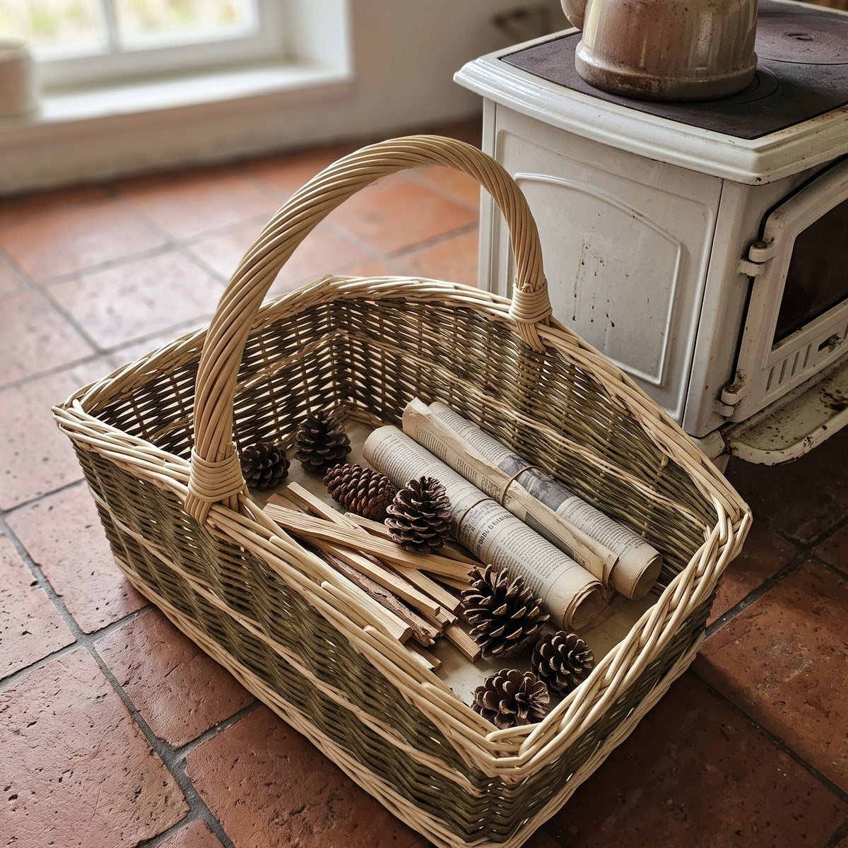 Handwoven willow fireplace basket with curved ends and an arched handle, holding pinecones, kindling sticks and rolled paper beside a stove
