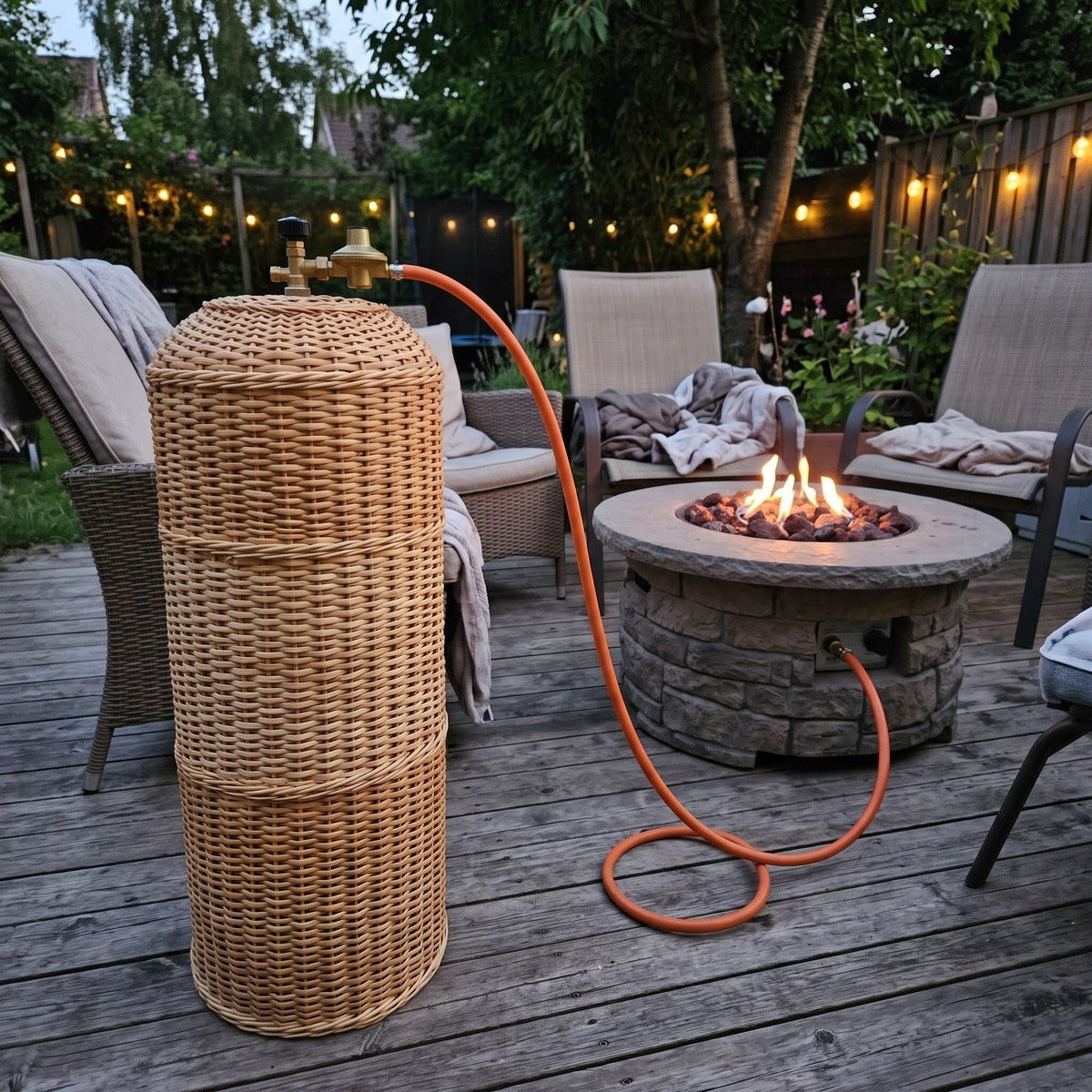 Handwoven willow propane tank cover hiding a gas bottle on a garden deck beside a fire pit, with the valve and orange hose left free at the top