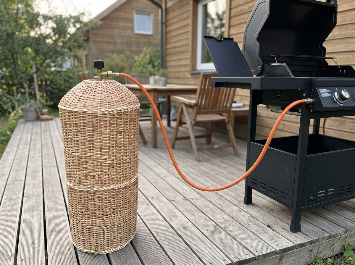Wicker gas bottle sleeve woven from willow standing on a wooden terrace with the hose running to a BBQ grill outside a timber house