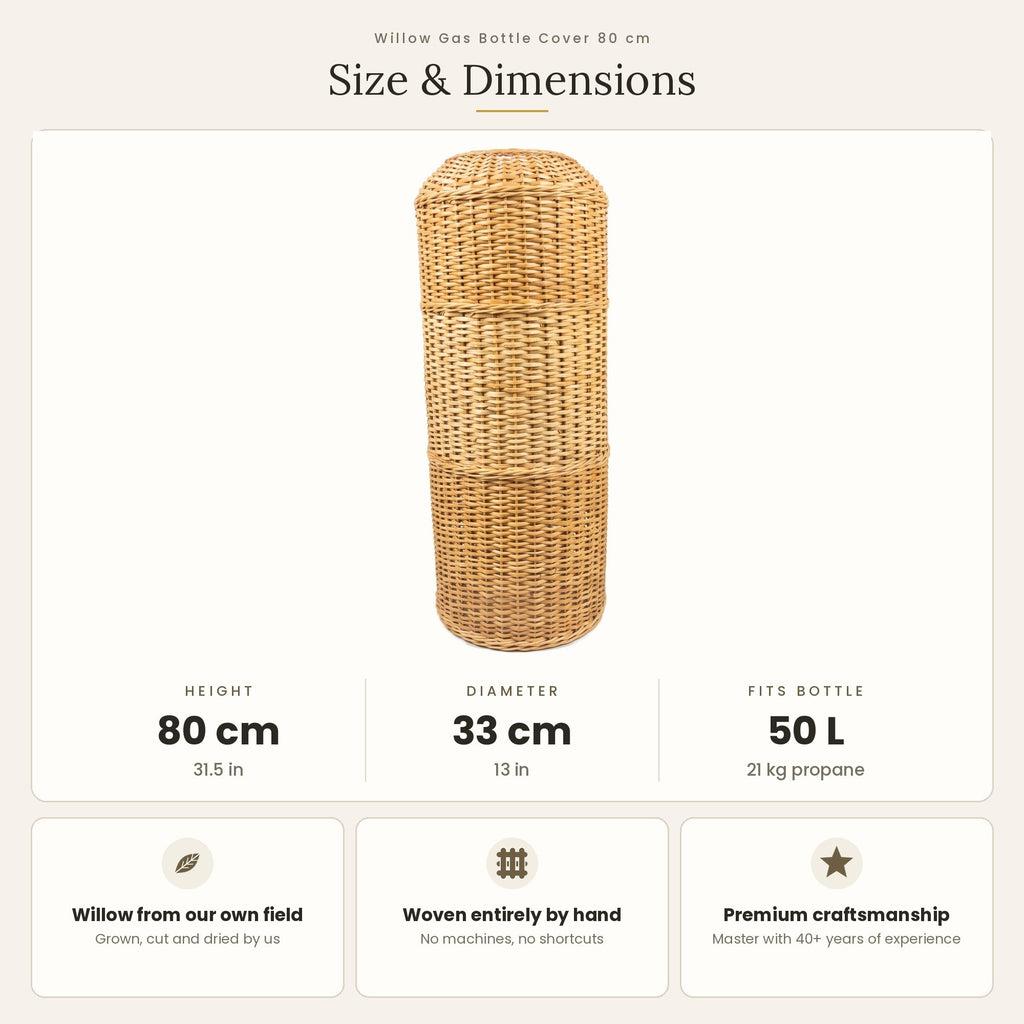 Size chart for the 80 cm handwoven willow gas bottle cover showing 80 cm height, 33 cm diameter and fit for a 50 L, 21 kg propane bottle