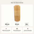 Size chart for the 80 cm handwoven willow gas bottle cover showing 80 cm height, 33 cm diameter and fit for a 50 L, 21 kg propane bottle