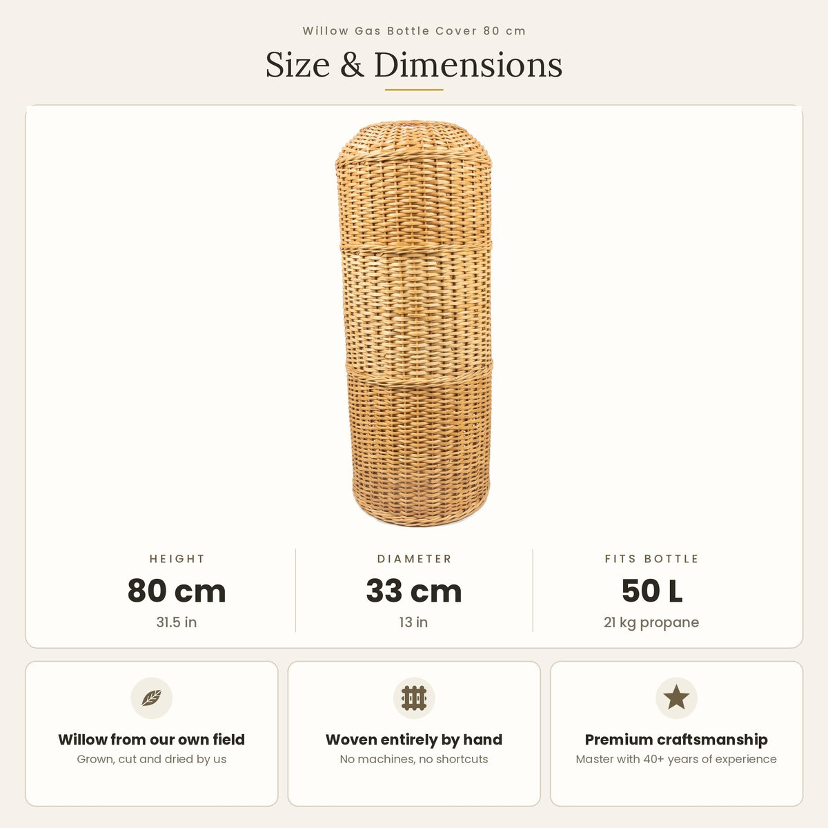 Size chart for the 80 cm handwoven willow gas bottle cover showing 80 cm height, 33 cm diameter and fit for a 50 L, 21 kg propane bottle