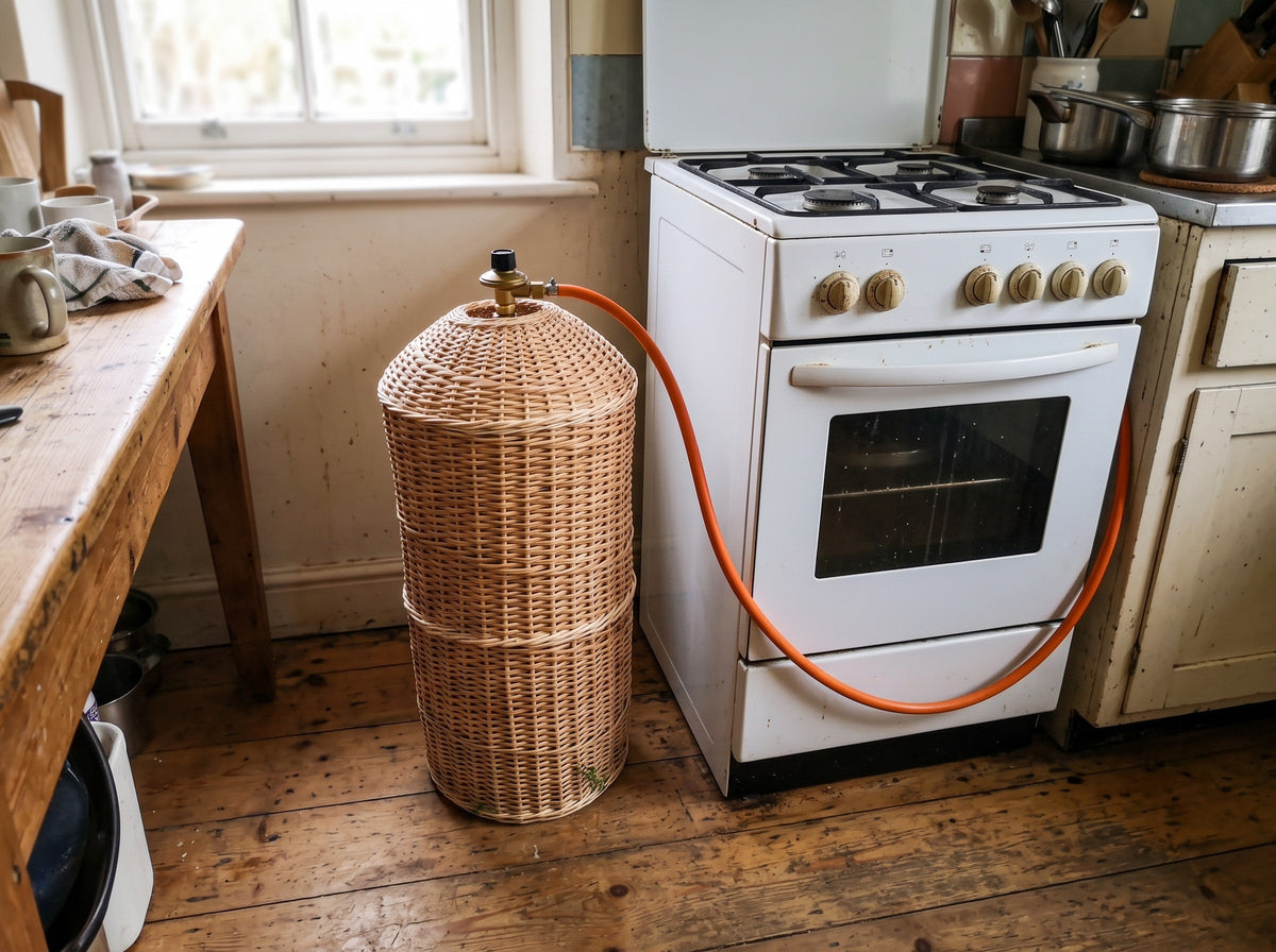 Willow gas bottle cover in a rustic kitchen next to a gas cooker, with the regulator and orange hose coming out of the opening at the top