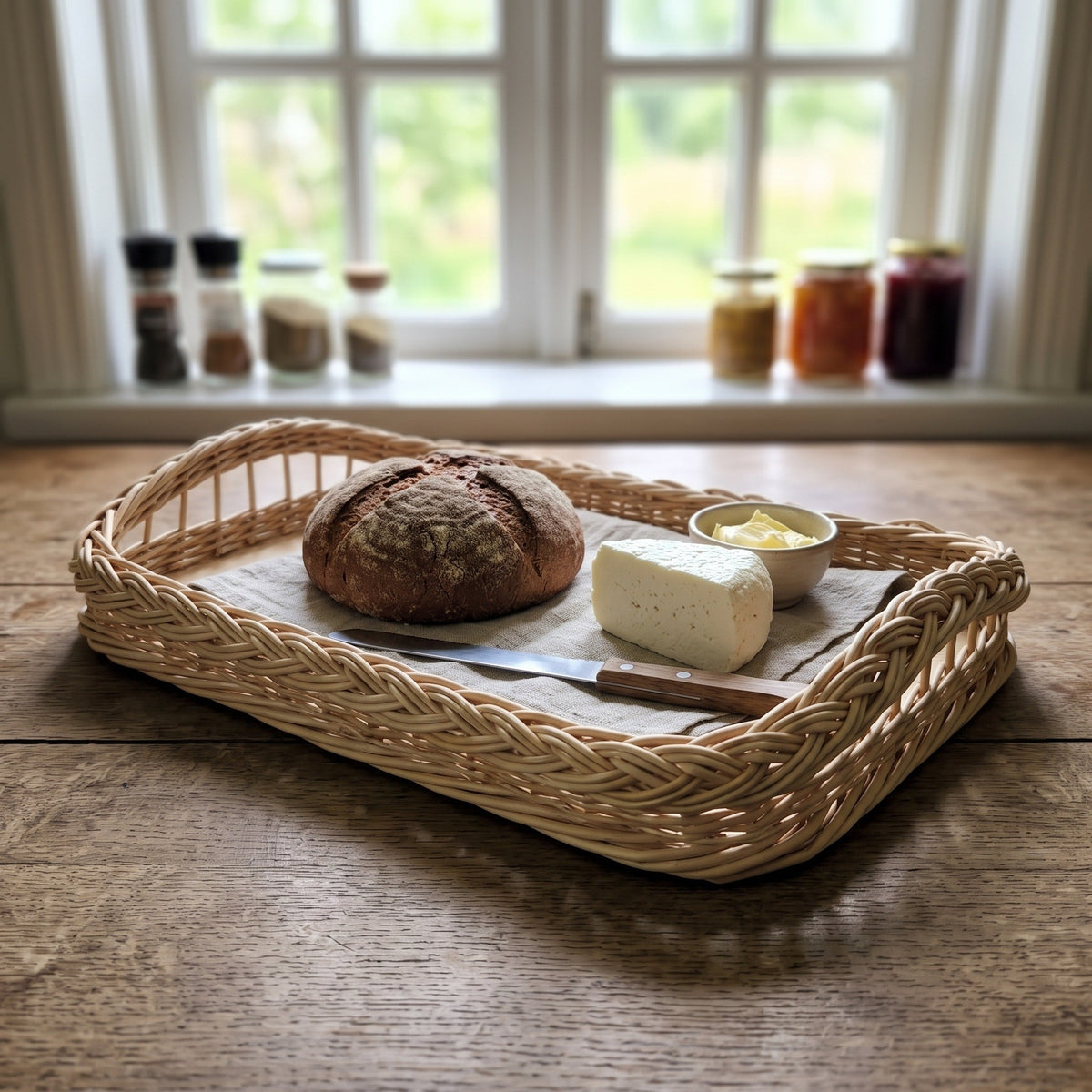 Willow bread serving tray with braided rim holding a loaf of sourdough, butter and a knife on a farmhouse kitchen table