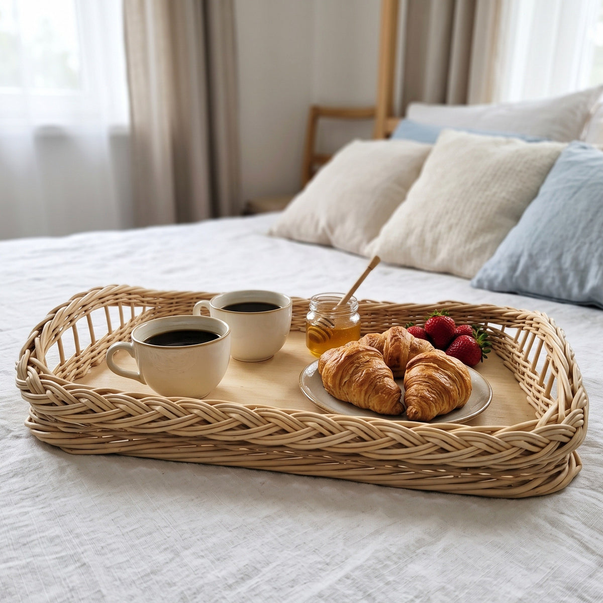 Wicker breakfast in bed tray with two cups of coffee, honey, croissants and strawberries on a bed with linen pillows