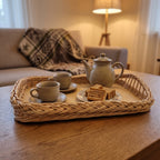 Large wicker ottoman tray with braided rim holding a teapot, cups and wafer cakes on a coffee table in a cosy living room