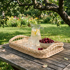 Handwoven willow serving tray with braided rim holding a lemonade jug, glasses and cherries on a wooden table in a summer garden