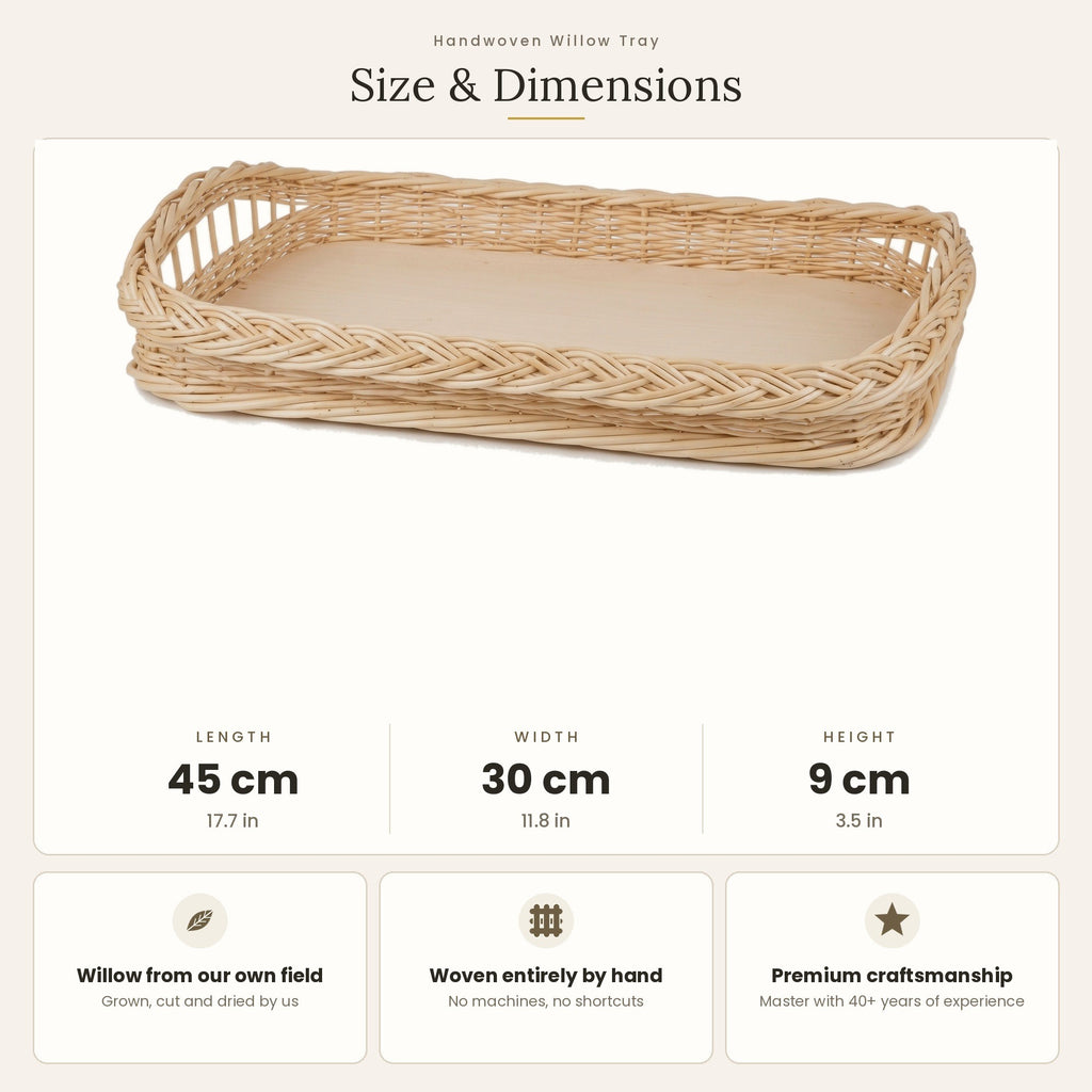 Size chart for the large handwoven willow breakfast tray with wooden base showing 45 cm length, 30 cm width and 9 cm height