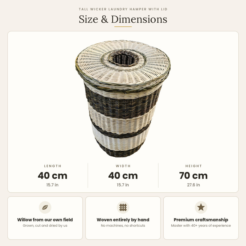 Size chart for the tall wicker laundry hamper with lid showing 40 cm length, 40 cm width and 70 cm height