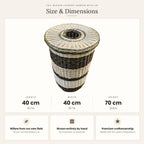 Size chart for the tall wicker laundry hamper with lid showing 40 cm length, 40 cm width and 70 cm height