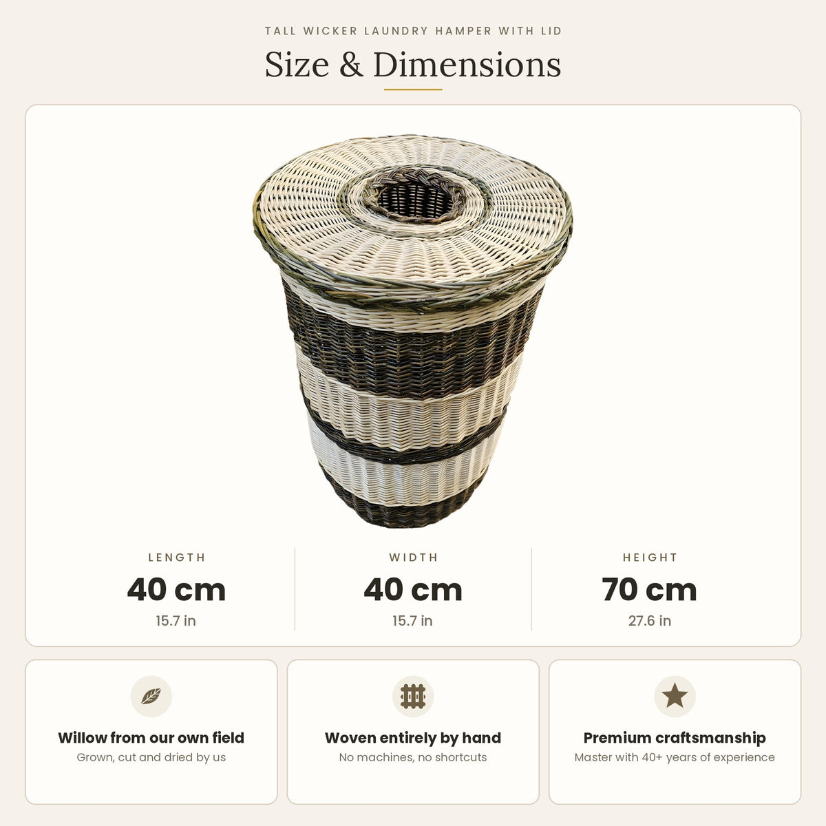 Size chart for the tall wicker laundry hamper with lid showing 40 cm length, 40 cm width and 70 cm height