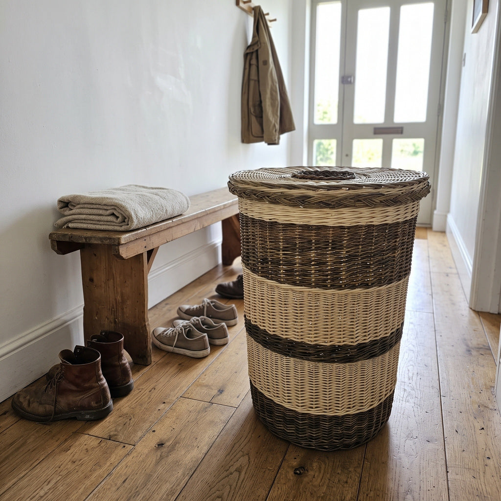 Tall wicker laundry hamper with lid standing in a bright hallway beside a wooden bench with folded towels and boots