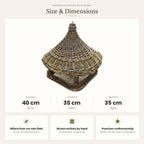 Size chart for the handwoven willow hanging bird feeder showing 40 cm height, 35 cm length and 35 cm width.