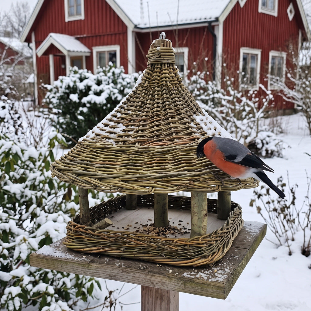 Wicker bird feeder with a cone roof mounted on a wooden post in a snowy garden, a bullfinch perched on the edge of the seed tray.