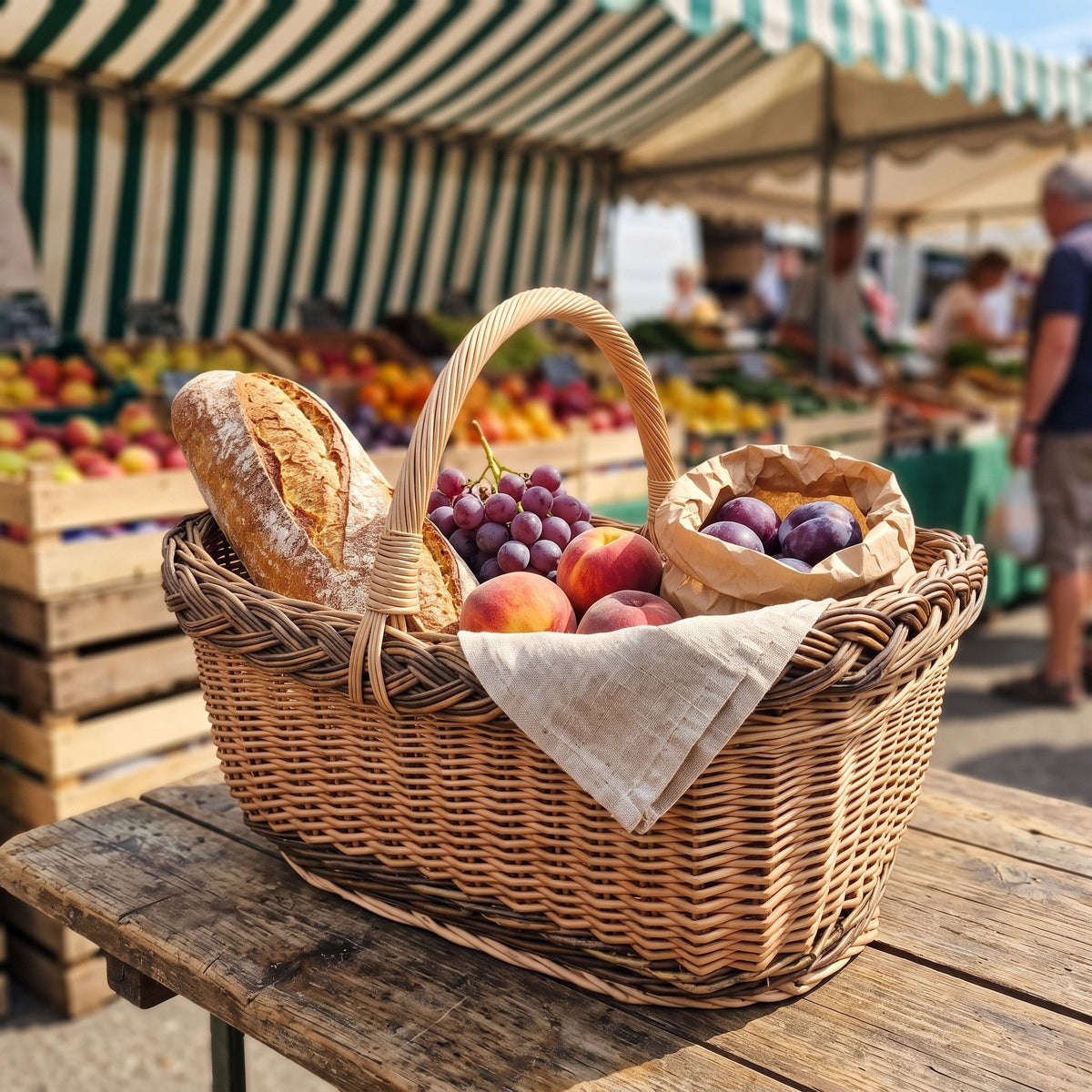 Large willow market basket with handle carrying bread, grapes, apples and plums on a wooden crate at an outdoor farmers market